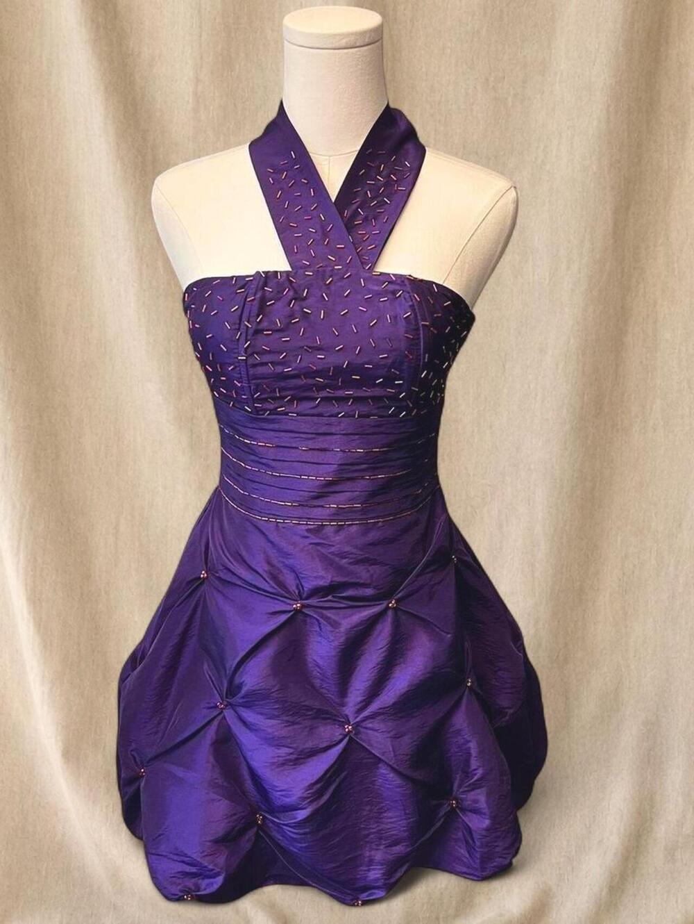 Y2K Purple halter mini dress with beading and ruched detailing